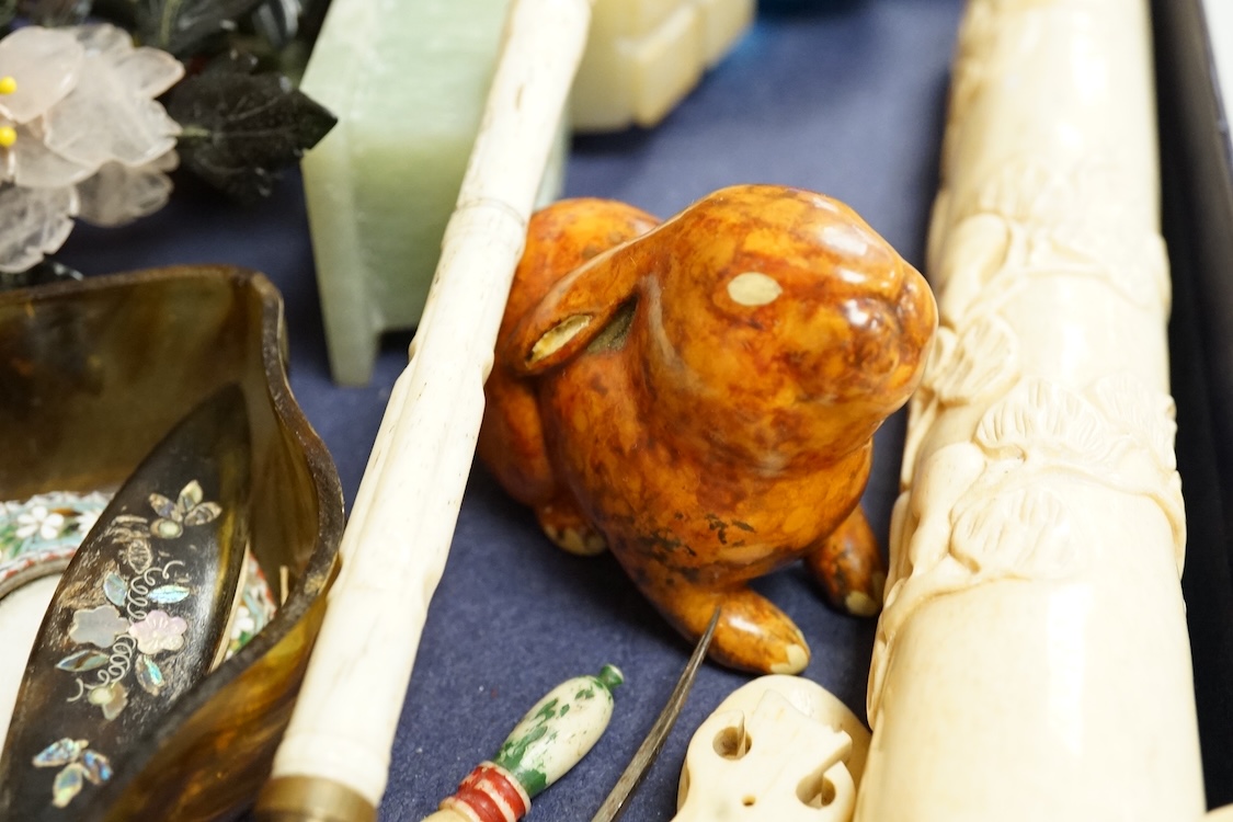 A group of mixed collectables including postcards, bone items, Chinese miniature hardstone flowers, etc.
